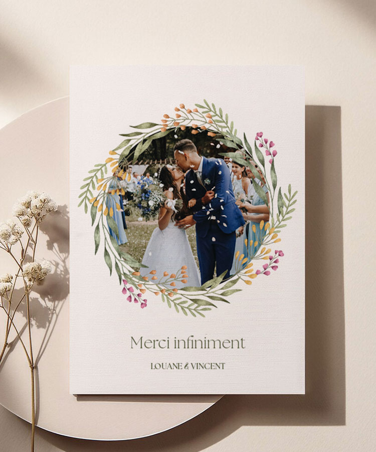 Carte remerciement mariage Couronne Florale