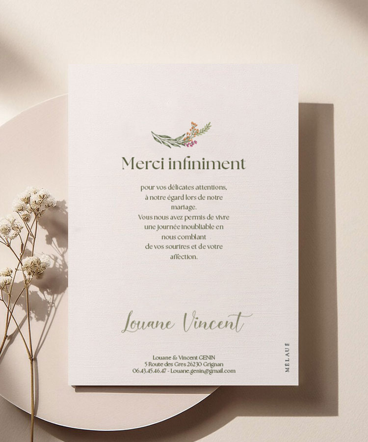 Carte remerciement mariage Couronne Florale