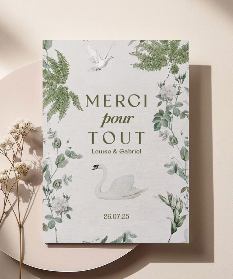 Carte remerciement mariage Nature Fougère