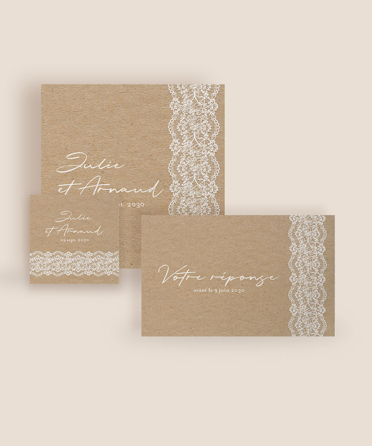 Faire-part de mariage kraft dentelle