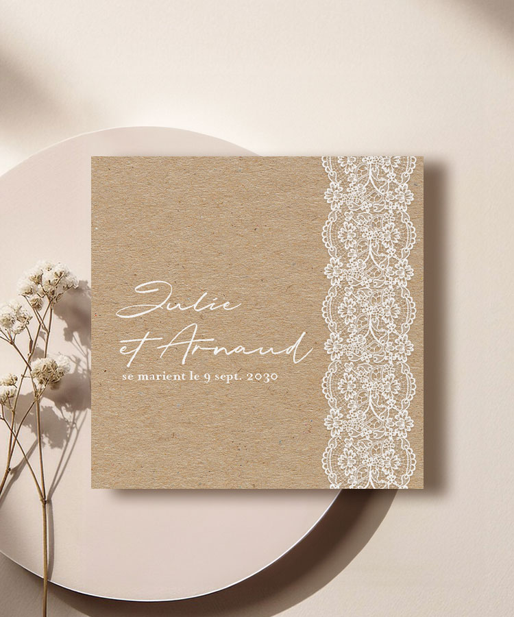 Faire-part de mariage kraft dentelle