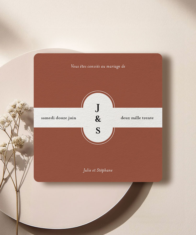 Faire-part mariage terracotta initiale carré