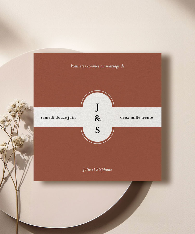 Faire-part mariage terracotta initiale carré