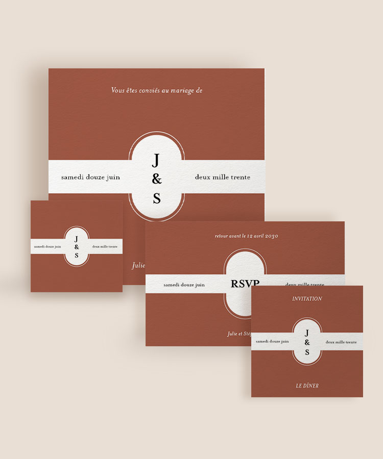 Faire-part mariage terracotta initiale carré