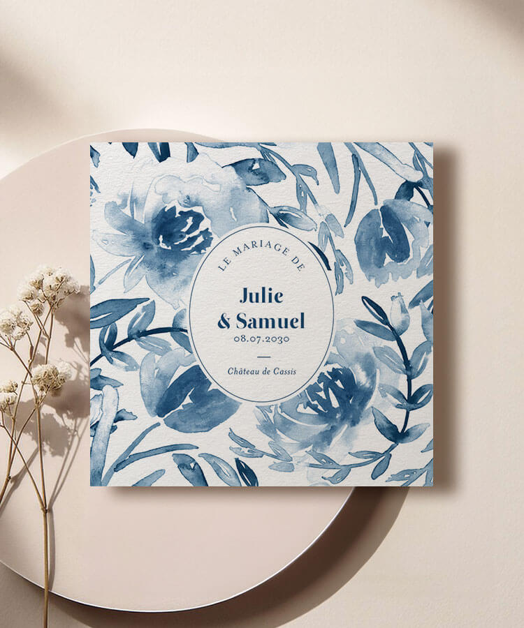 Faire-part de mariage feuillage Bleu