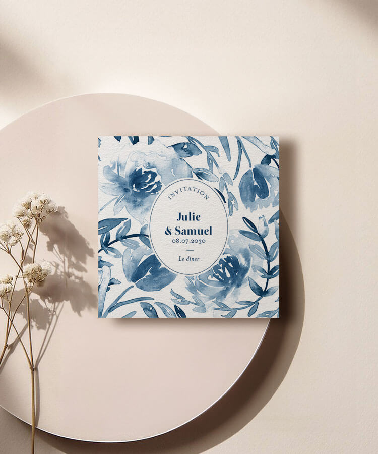 Carte invitation mariage fleurs bleue