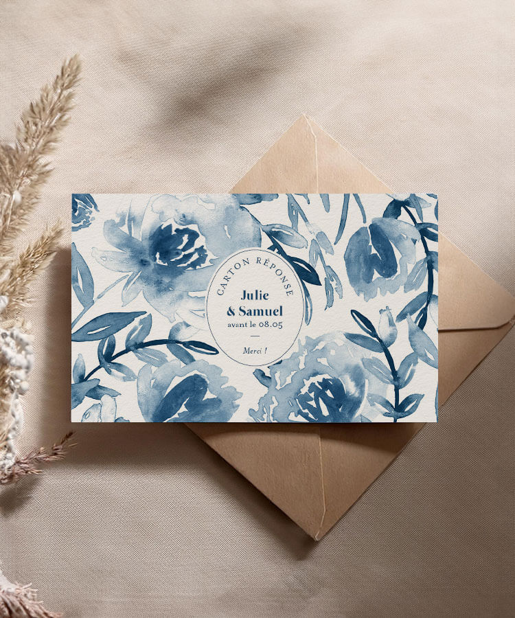 Carton réponse mariage fleur bleue