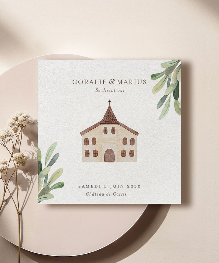 Faire-part de mariage illustration église