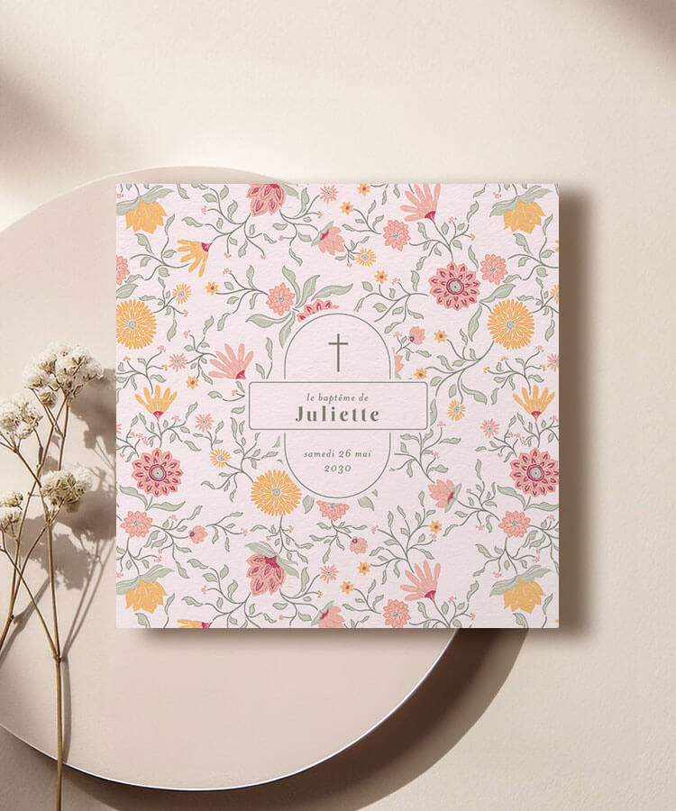 Faire part de baptême fille motif floral