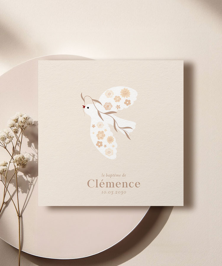 Faire part de baptême fille rose colombe