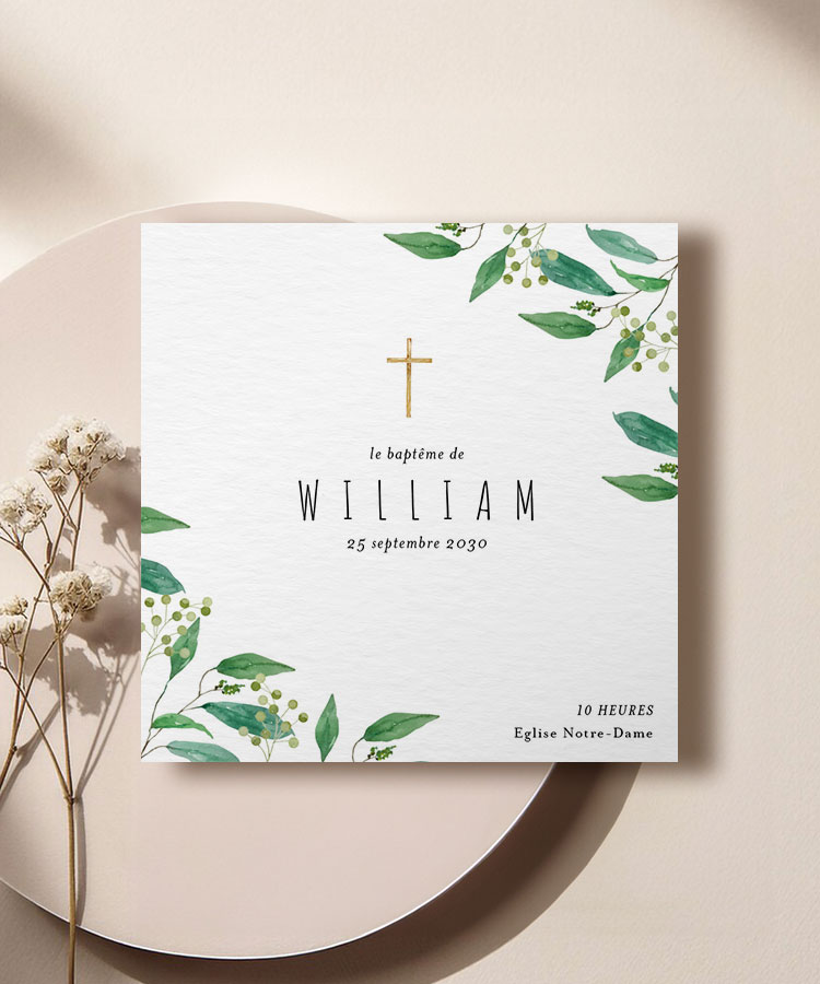 Faire-part baptême feuillage