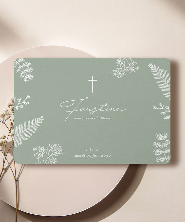 Faire-part baptême vert sauge